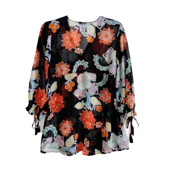 RAGA Anthropologie Blouse Tassel 3/4 Sleeve V-Neck Black Orange Floral Top Small - Picture 3 of 15